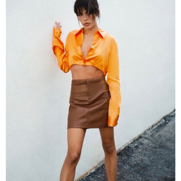 Zara brown vegan leather miniskirt NEW - Picture 2 of 5